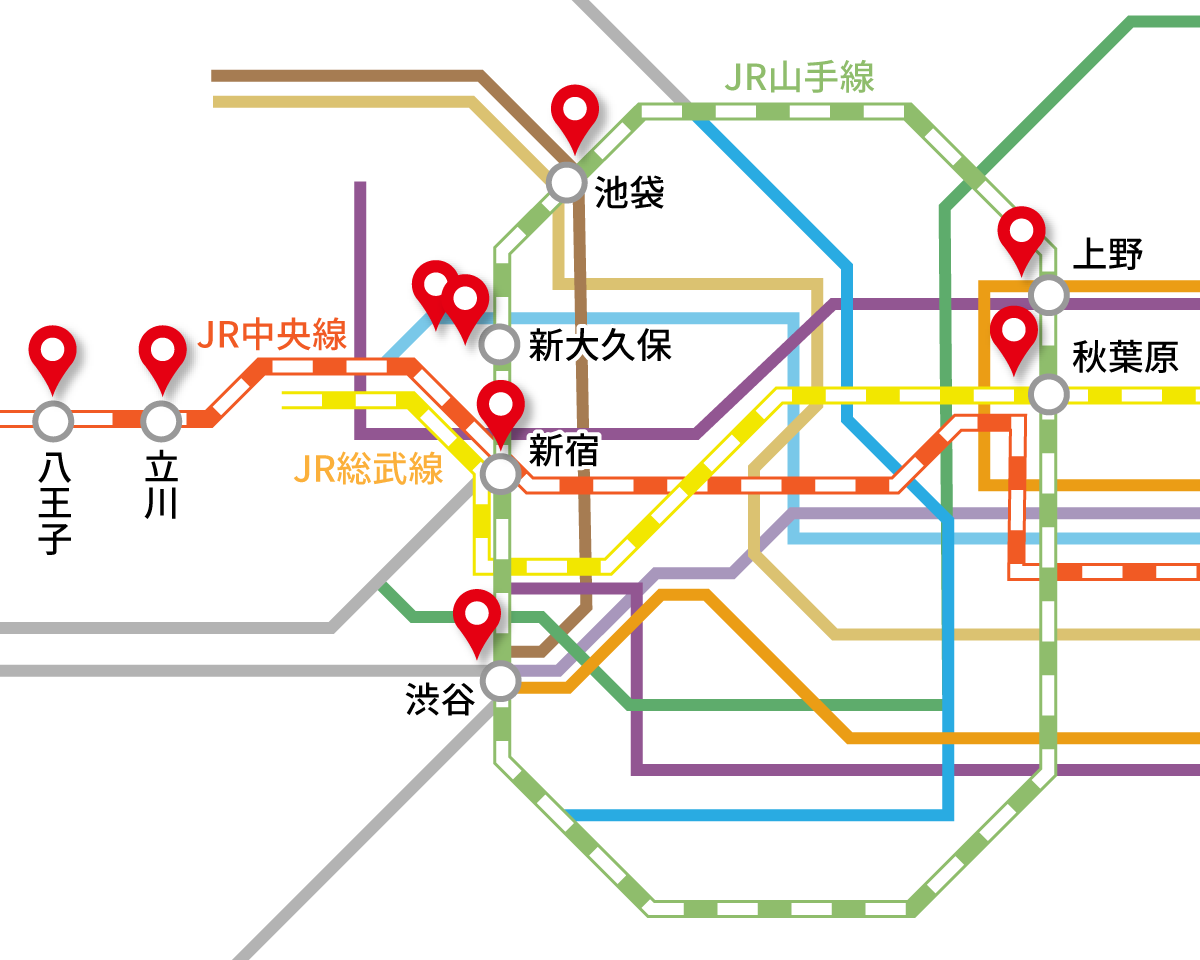 東京エリアにある校舎にピンをつけた地図