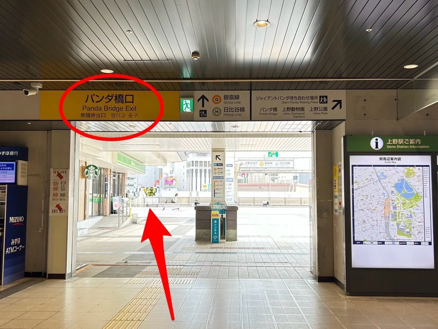 JR上野駅の入谷改札を出て正面に進み、パンダ橋口へ向かいエスカレーターで下る