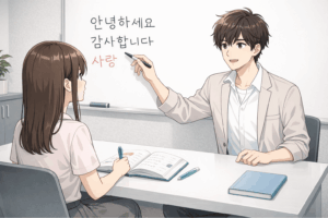 韓国語教室で男性講師がホワイトボードに韓国語を書きながら、女性生徒にマンツーマンで指導している様子