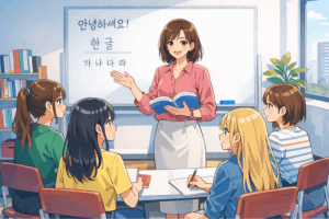 刈谷駅から通える韓国語教室のマンツーマンクラスレッスン風景。韓国人女性講師がホワイトボードを使って説明し、女性の生徒たちが楽しく学んでいる教室の様子。