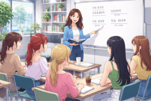 春日井市で韓国語教室を探している方向けのクラスレッスン風景。女性講師がホワイトボードを使いながら、生徒に韓国語を教えている明るい教室の様子。