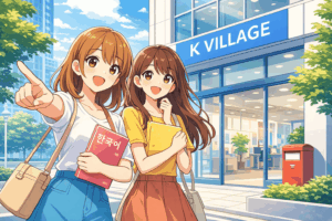 名古屋市緑区から通いやすい金山の韓国語教室の前で笑顔の女性2人が楽しく通学しているイメージ