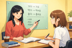 名古屋市南区から通いやすい韓国語のマンツーマンレッスンで、女性講師がホワイトボードを使いながら初心者の生徒に文法を教えている様子