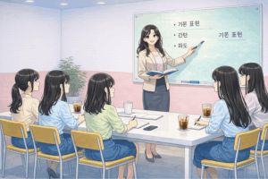 太田川から通いやすい韓国語教室で女性講師がホワイトボードを使いながら基本表現を解説し、複数の生徒がノートを取りながら学んでいるレッスン風景