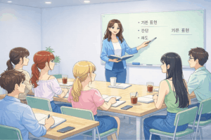 韓国語教室でネイティブ講師がホワイトボードを使って授業を行い、知立市から通う生徒たちが楽しそうに学んでいる様子