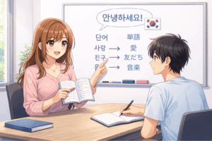 東海市から通える韓国語教室のレッスン風景。おしゃれで清潔感のある教室で韓国語を学ぶ様子