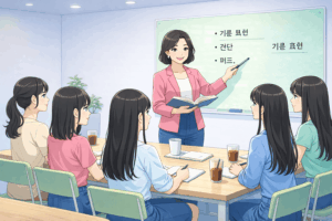 徳重駅から通える韓国語教室のレッスン風景。清潔感のあるおしゃれな教室で学ぶ様子