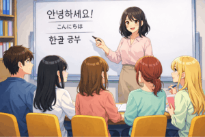 前後駅から通える韓国語教室。レッスンを受ける女性たちのイメージ。