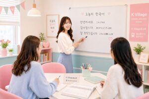 金山駅から徒歩4分のK Village金山校で、初心者が楽しく韓国語レッスンを受ける様子。